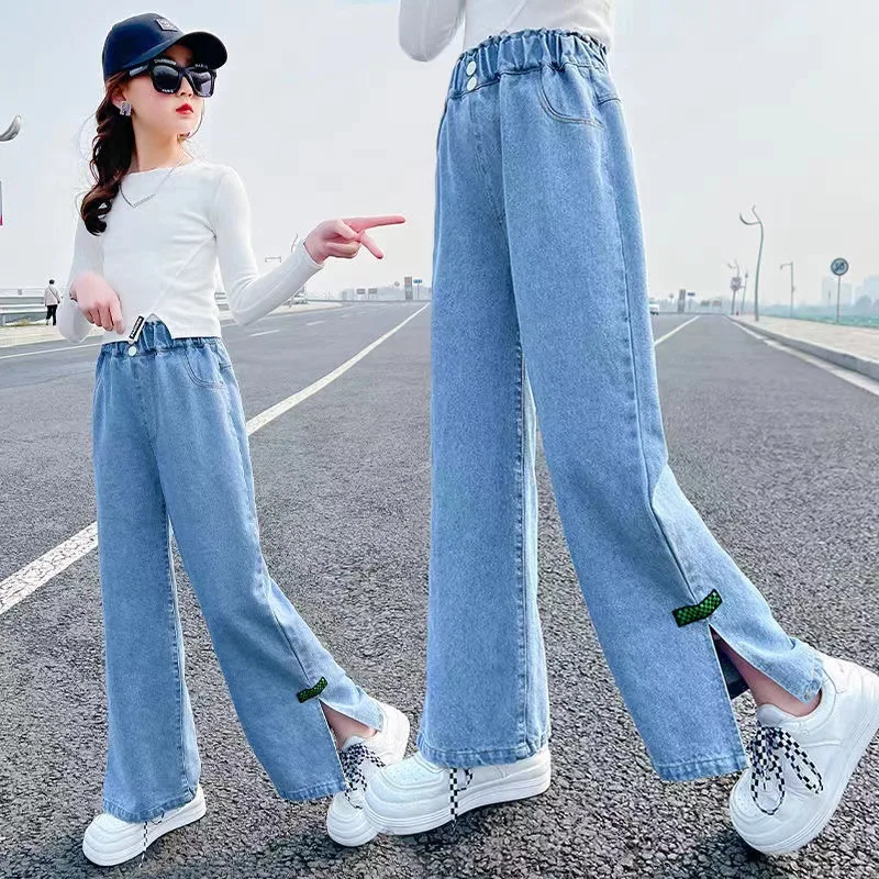2026 Spring Kid's Jeans 3-9Y Cute Girls Solid Color Loose Wide Leg Pants Childrens Outwear Denim Trousers
