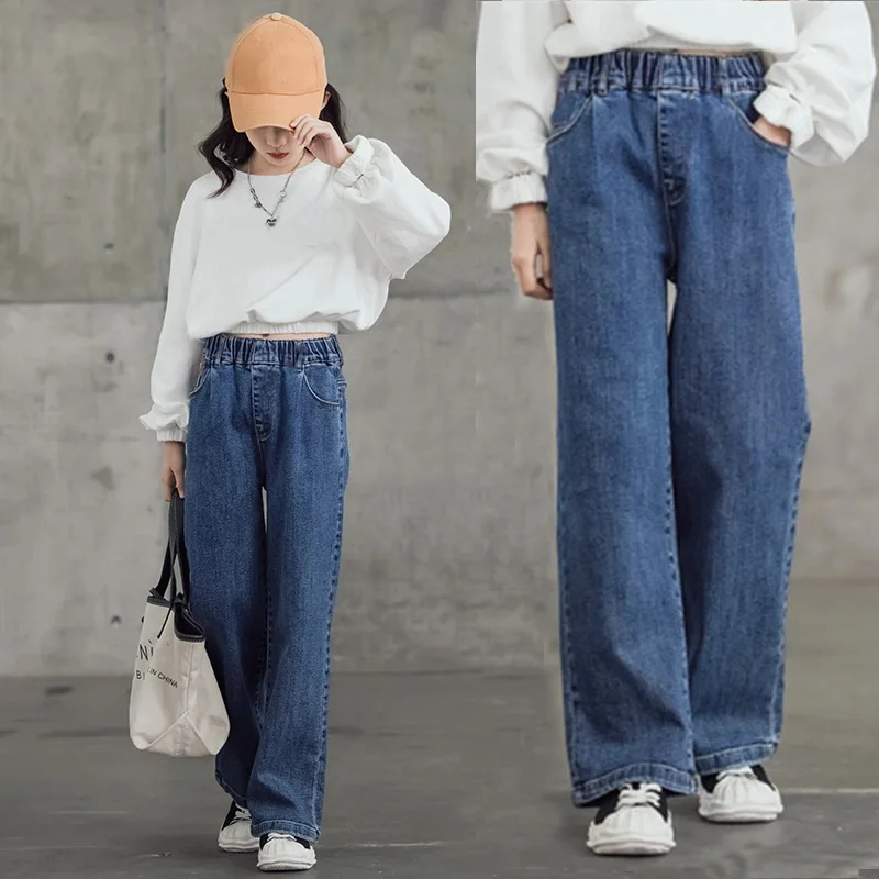 2026 Spring Kid's Jeans 3-9Y Cute Girls Solid Color Loose Wide Leg Pants Childrens Outwear Denim Trousers