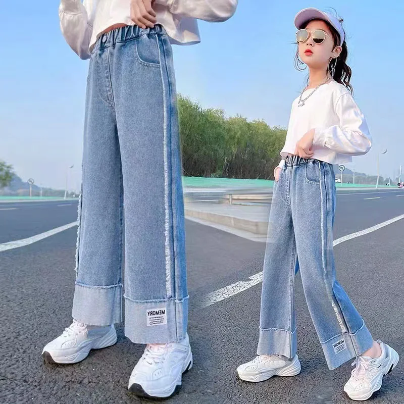 2026 Spring Kid's Jeans 3-9Y Cute Girls Solid Color Loose Wide Leg Pants Childrens Outwear Denim Trousers