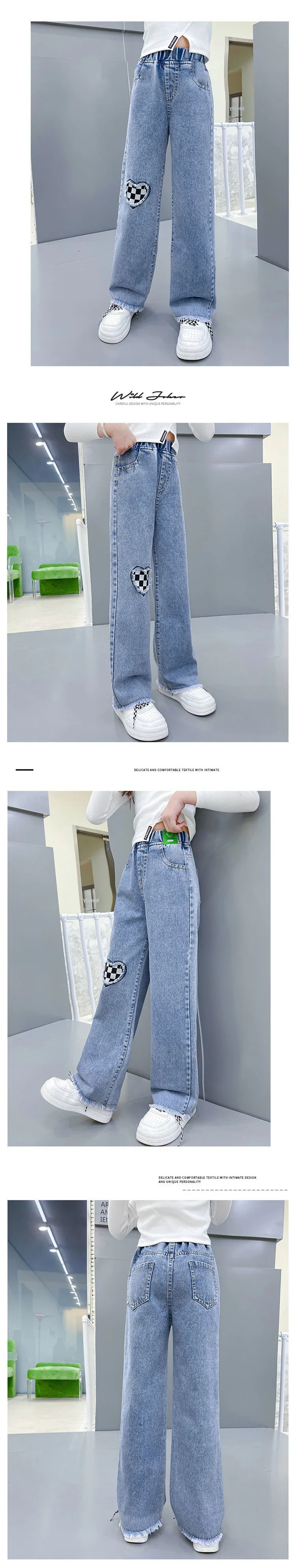 2026 Spring Kid's Jeans 3-9Y Cute Girls Solid Color Loose Wide Leg Pants Childrens Outwear Denim Trousers