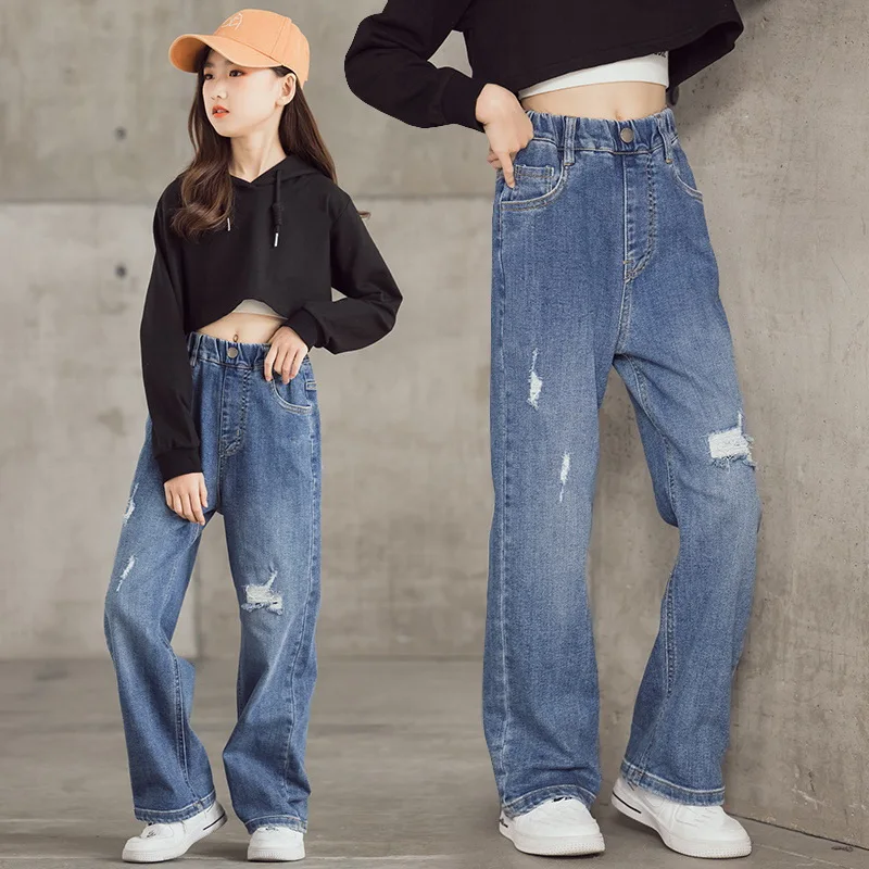2026 Spring Kid's Jeans 3-9Y Cute Girls Solid Color Loose Wide Leg Pants Childrens Outwear Denim Trousers