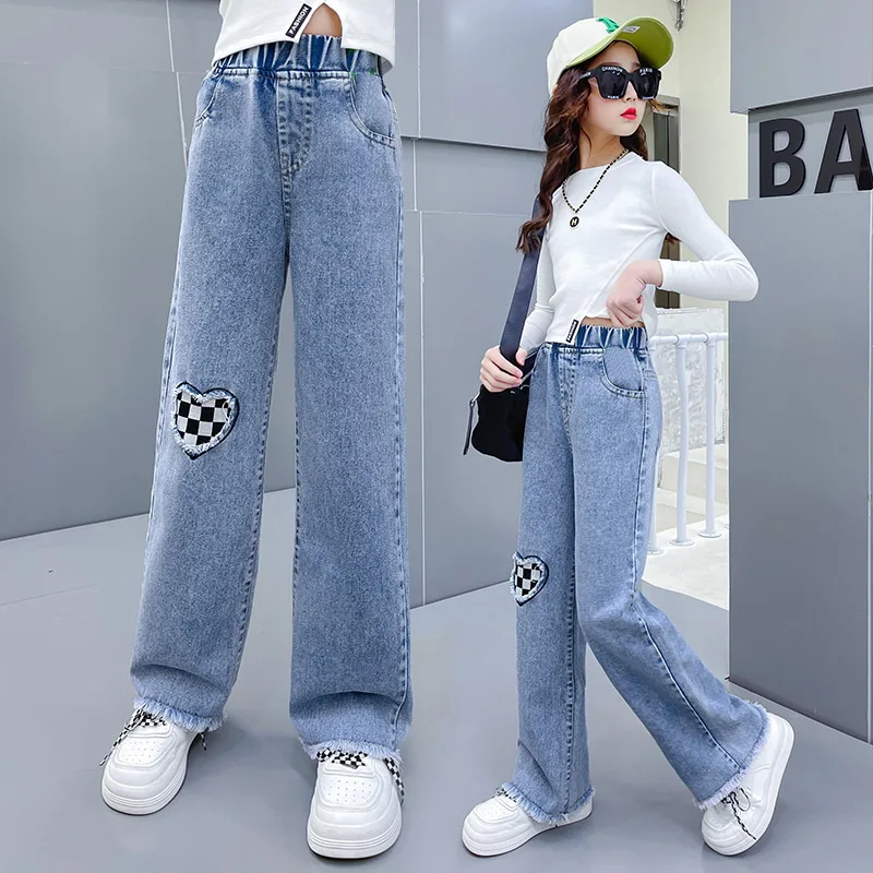 2026 Spring Kid's Jeans 3-9Y Cute Girls Solid Color Loose Wide Leg Pants Childrens Outwear Denim Trousers