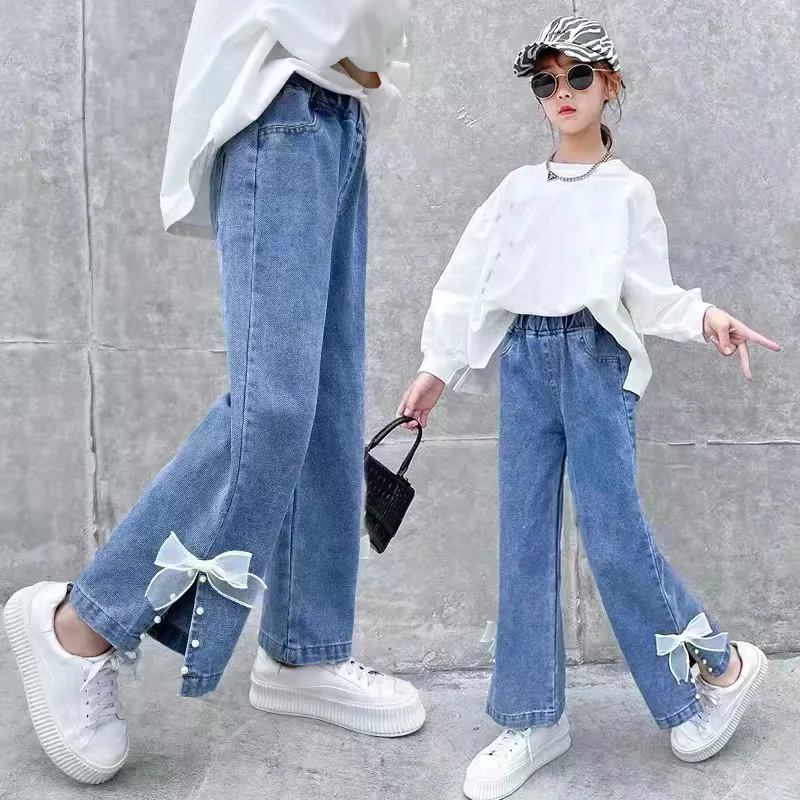 2026 Spring Kid's Jeans 3-9Y Cute Girls Solid Color Loose Wide Leg Pants Childrens Outwear Denim Trousers