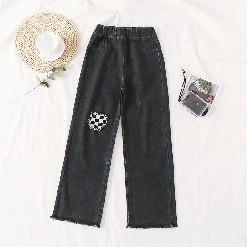 2026 Spring Kid's Jeans 3-9Y Cute Girls Solid Color Loose Wide Leg Pants Childrens Outwear Denim Trousers