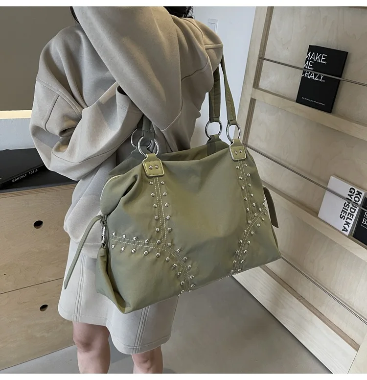 Commuter Bag Sli Autumn Trend Youth Fashionable Nylon Rivet Pure Color Bags Handbag Underarm Tote Bag Women's Large Shoulde Bag
