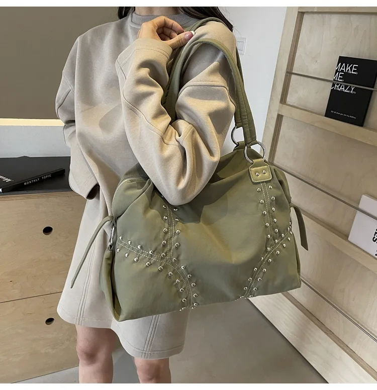 Commuter Bag Sli Autumn Trend Youth Fashionable Nylon Rivet Pure Color Bags Handbag Underarm Tote Bag Women's Large Shoulde Bag