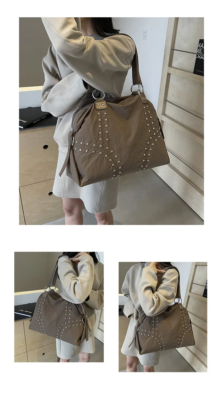 Commuter Bag Sli Autumn Trend Youth Fashionable Nylon Rivet Pure Color Bags Handbag Underarm Tote Bag Women's Large Shoulde Bag