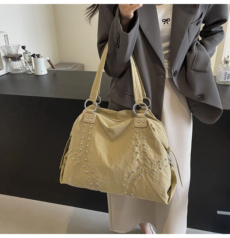 Commuter Bag Sli Autumn Trend Youth Fashionable Nylon Rivet Pure Color Bags Handbag Underarm Tote Bag Women's Large Shoulde Bag