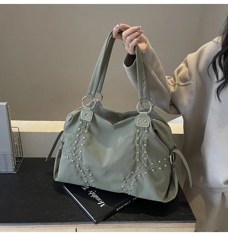 Commuter Bag Sli Autumn Trend Youth Fashionable Nylon Rivet Pure Color Bags Handbag Underarm Tote Bag Women's Large Shoulde Bag