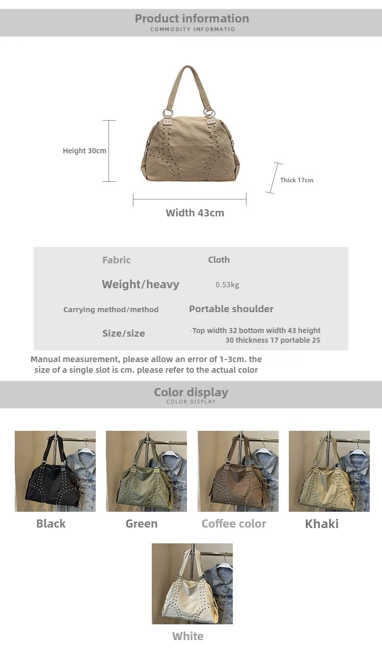 Commuter Bag Sli Autumn Trend Youth Fashionable Nylon Rivet Pure Color Bags Handbag Underarm Tote Bag Women's Large Shoulde Bag