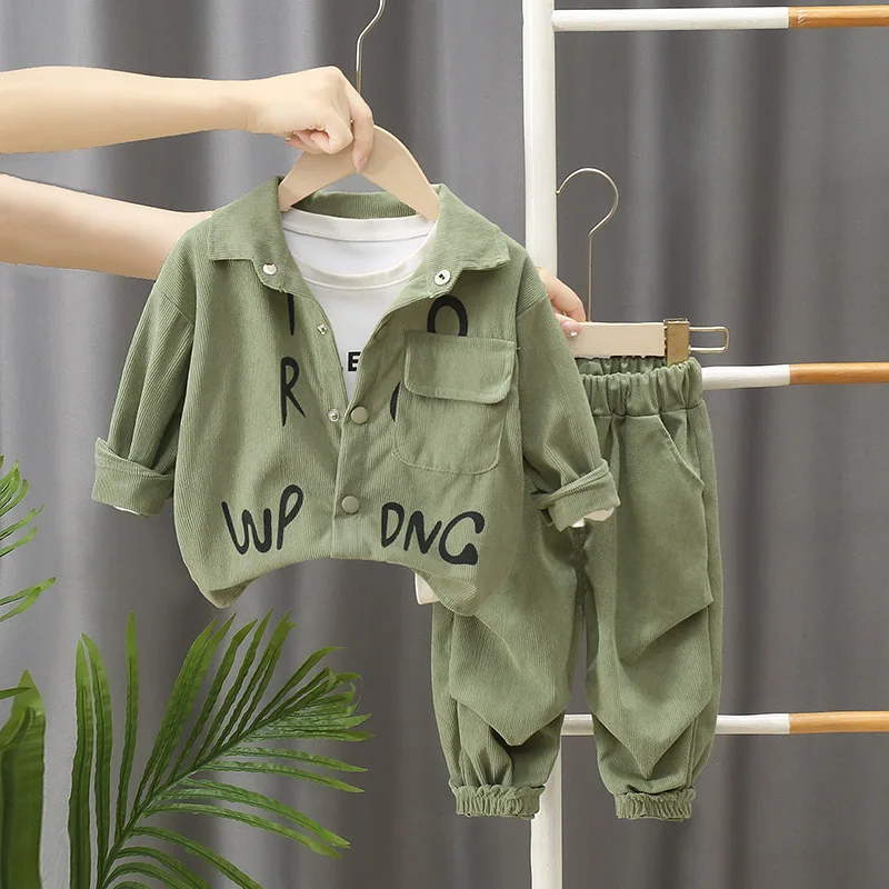 Children's Set Boys' Spring and Autumn New Korean Version Corduroy Letter Cardigan Long Sleeved Two-Piece Set