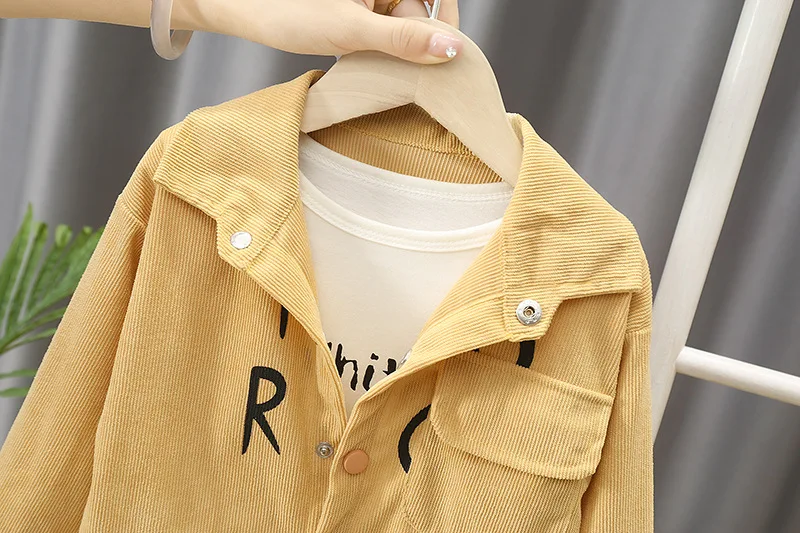 Children's Set Boys' Spring and Autumn New Korean Version Corduroy Letter Cardigan Long Sleeved Two-Piece Set