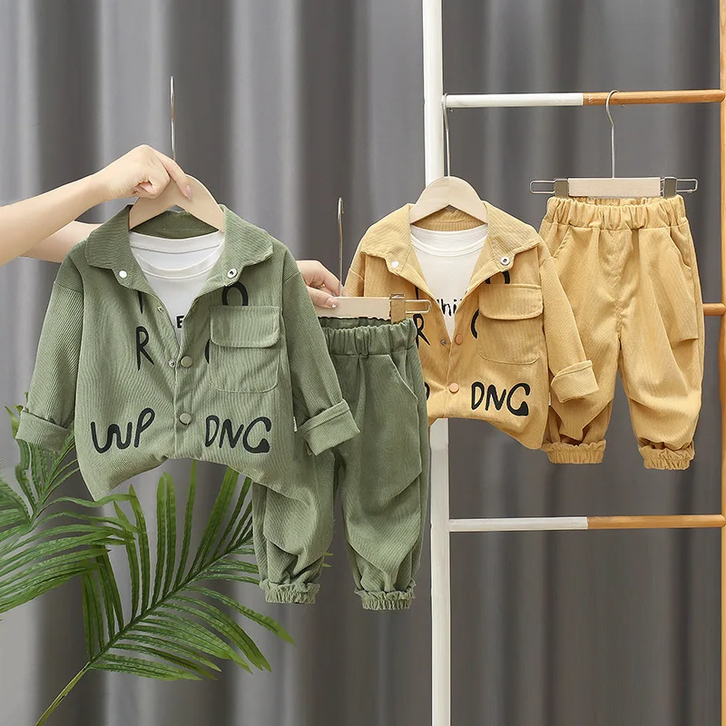 Children's Set Boys' Spring and Autumn New Korean Version Corduroy Letter Cardigan Long Sleeved Two-Piece Set