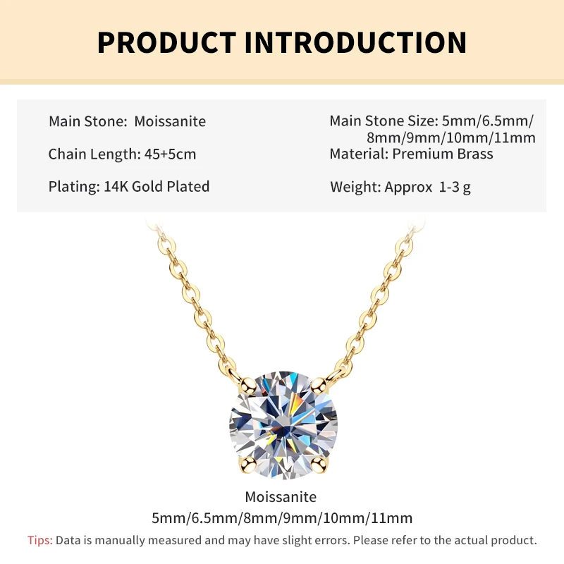Rrjzz 0.5-5CT Moissanite Pendant Necklace for Women Solitaire D Color Round Cut Lab Imitation Diamond GRA Certified Necklaces