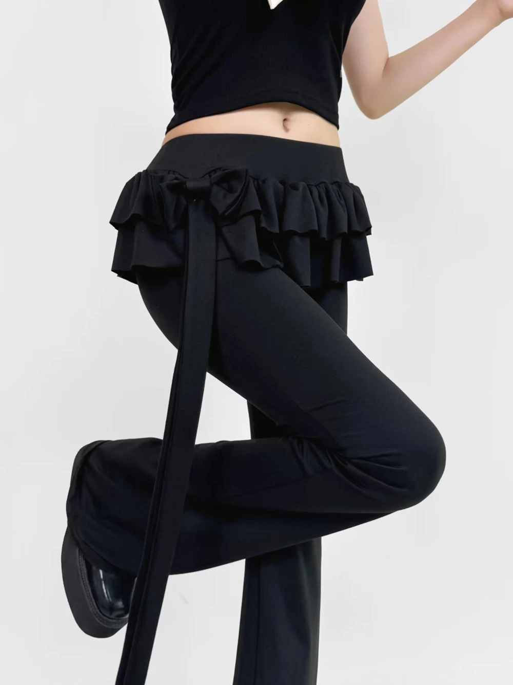 Womens Flare Pants Patchwork Ruffles Bow Slim Fit Trousers New Bow-Knot Tie Casual Fashion Summer Pantalon Femme Long Pants