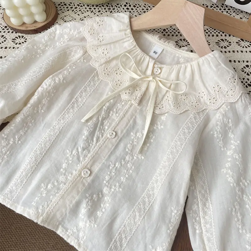 Spring Children Girls Blouses Cotton Floral Embroidery Infant Babys Girls Peter Pan Shirts Loose Round Collar Kids Girls Tops