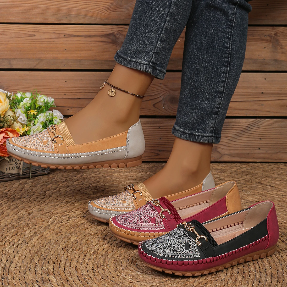 goreyodoly Women Slip On Loafers Wide Fit Comfortable Flats Lightweight Breathable Colorblock Shoes with Rhinestone Chain Detail