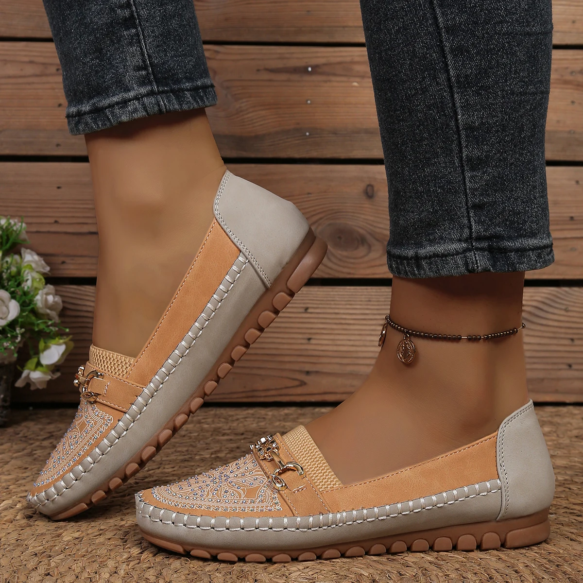 goreyodoly Women Slip On Loafers Wide Fit Comfortable Flats Lightweight Breathable Colorblock Shoes with Rhinestone Chain Detail