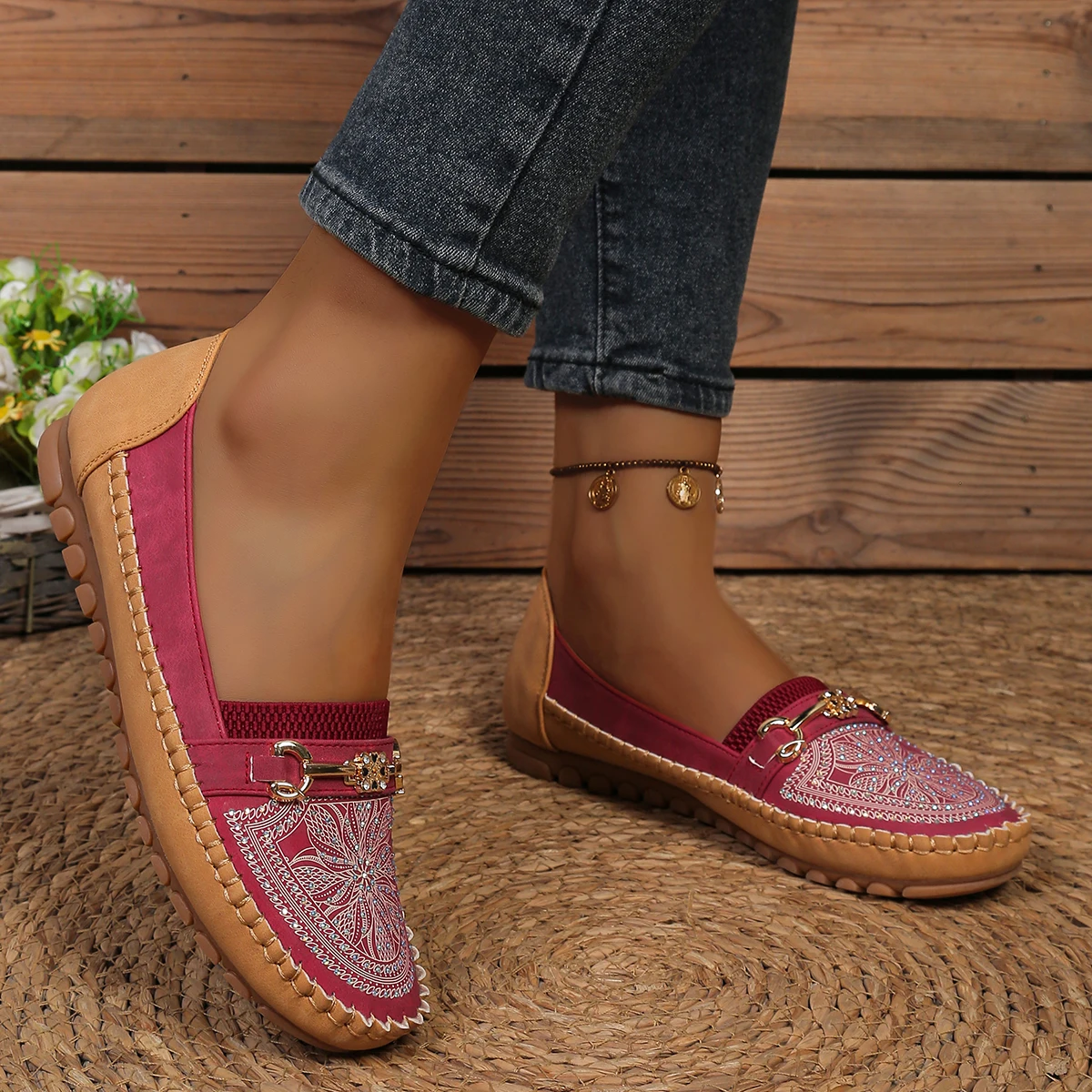 goreyodoly Women Slip On Loafers Wide Fit Comfortable Flats Lightweight Breathable Colorblock Shoes with Rhinestone Chain Detail