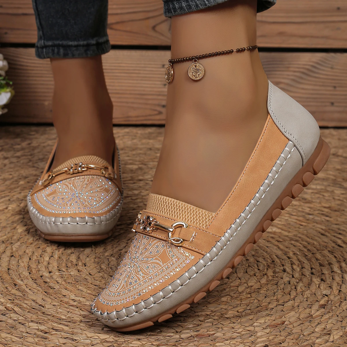 goreyodoly Women Slip On Loafers Wide Fit Comfortable Flats Lightweight Breathable Colorblock Shoes with Rhinestone Chain Detail