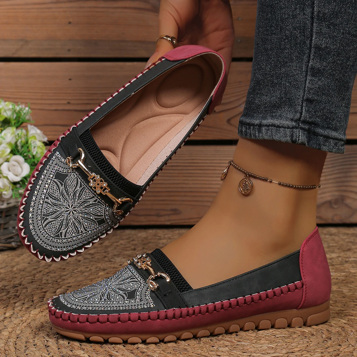 goreyodoly Women Slip On Loafers Wide Fit Comfortable Flats Lightweight Breathable Colorblock Shoes with Rhinestone Chain Detail