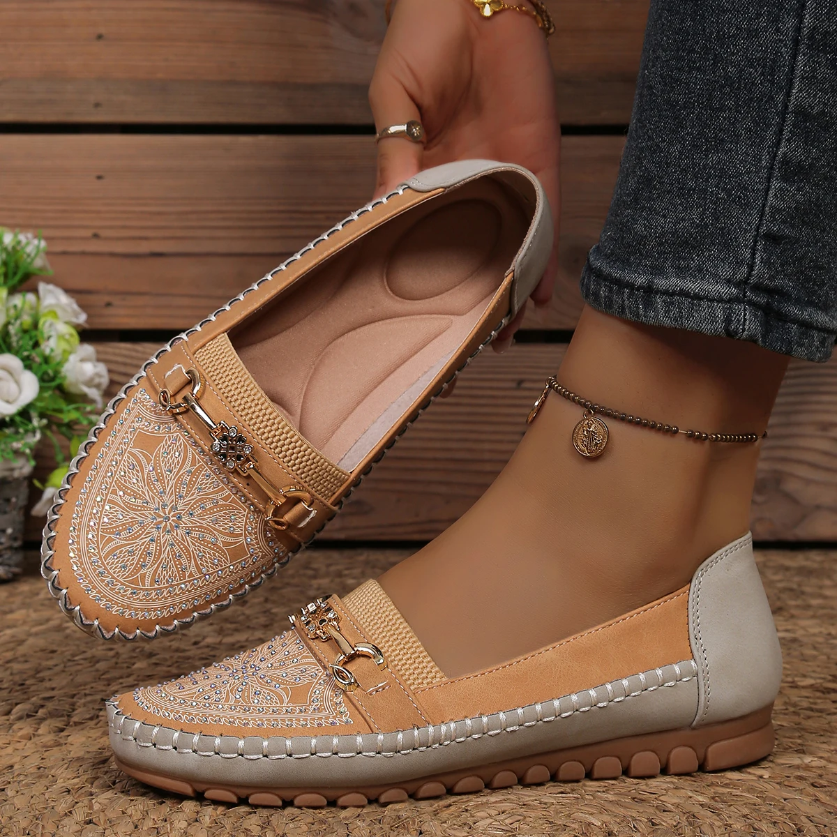 goreyodoly Women Slip On Loafers Wide Fit Comfortable Flats Lightweight Breathable Colorblock Shoes with Rhinestone Chain Detail