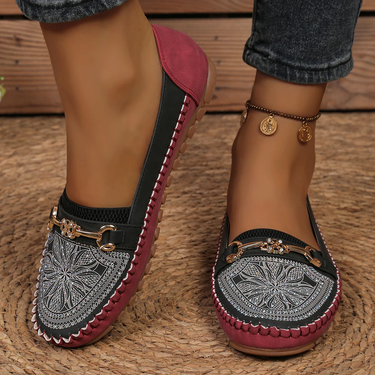 goreyodoly Women Slip On Loafers Wide Fit Comfortable Flats Lightweight Breathable Colorblock Shoes with Rhinestone Chain Detail