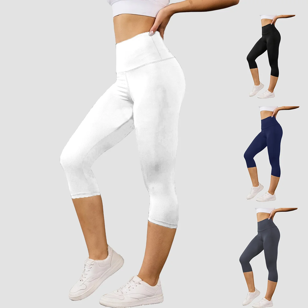Women's High Waisted White Leggings Knee-Length Yoga Pants Stretchy Breathable for Workout, Running, and Daily Casual Wear