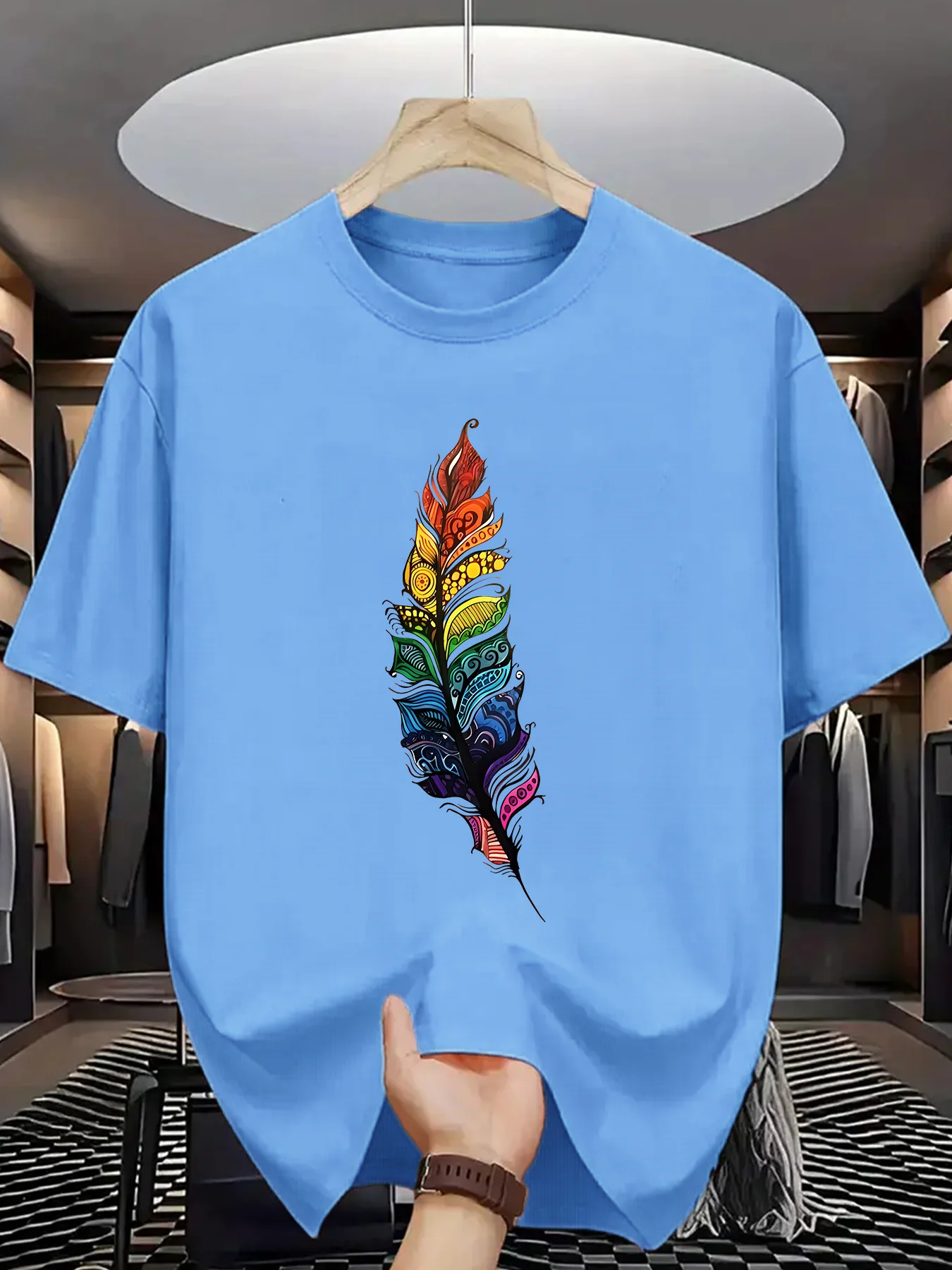 Summer Men's 100% Pure Cotton Casual Loose Geometric Pattern Printed Comfortable Sports Round Neck Short Sleeved T-Shirt Top