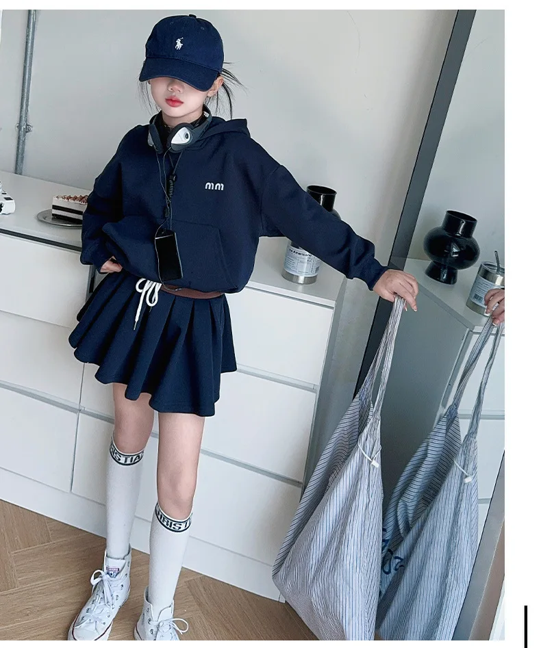 UNITIM 2026 Spring Kids Girls Hoodie Set Children Girls Long Sleeve Top+Pleated Skirt Two Piece Suits Casual Teens Girls Outfits