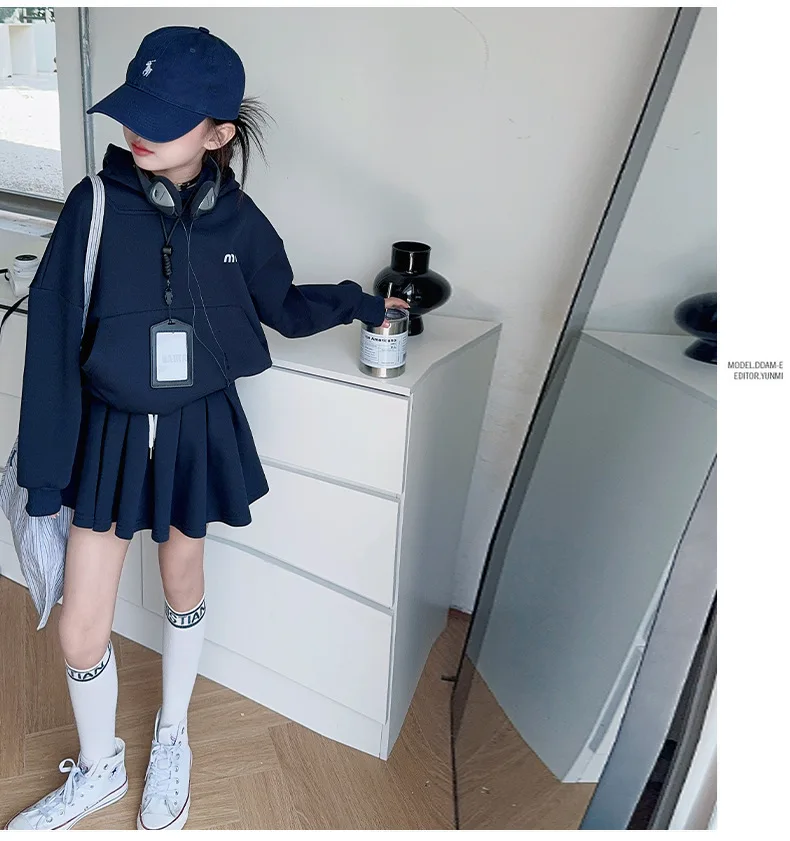 UNITIM 2026 Spring Kids Girls Hoodie Set Children Girls Long Sleeve Top+Pleated Skirt Two Piece Suits Casual Teens Girls Outfits