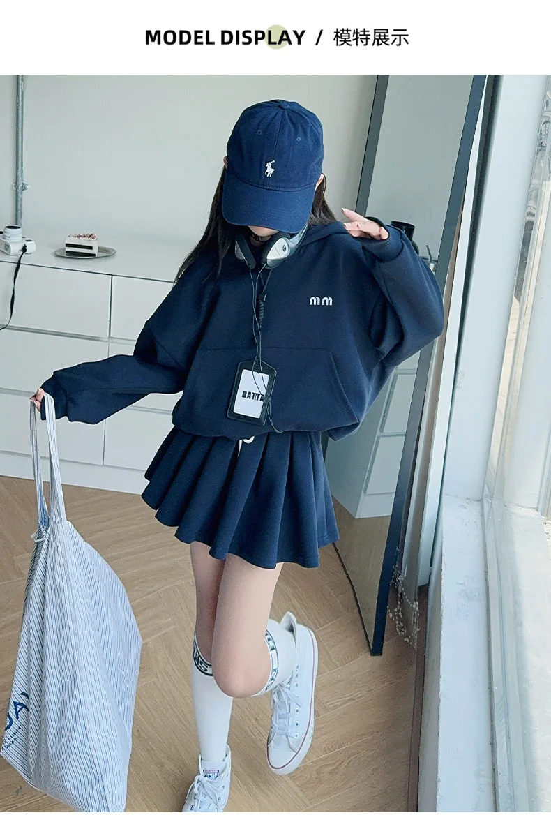 UNITIM 2026 Spring Kids Girls Hoodie Set Children Girls Long Sleeve Top+Pleated Skirt Two Piece Suits Casual Teens Girls Outfits