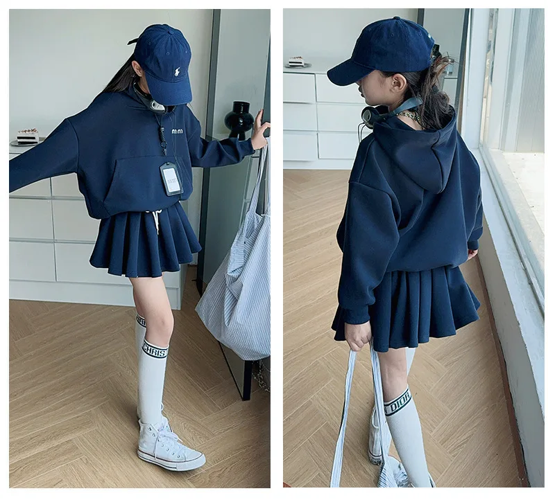 UNITIM 2026 Spring Kids Girls Hoodie Set Children Girls Long Sleeve Top+Pleated Skirt Two Piece Suits Casual Teens Girls Outfits