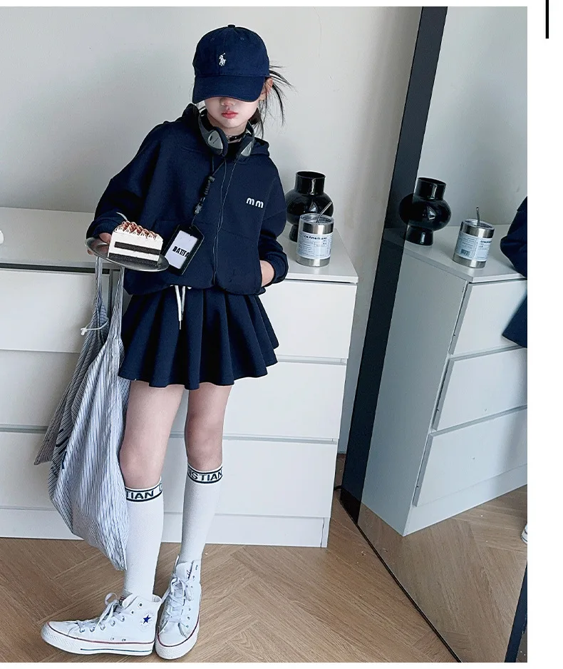 UNITIM 2026 Spring Kids Girls Hoodie Set Children Girls Long Sleeve Top+Pleated Skirt Two Piece Suits Casual Teens Girls Outfits