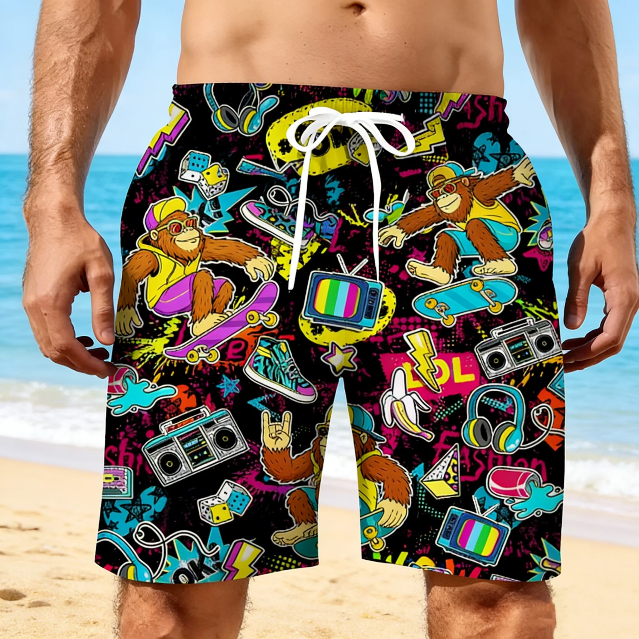 Men Summer Short Vintage 80s Music Art Hawaiian 3D Printed Shorts Men's Music Graphic Short Pants Breathable Swim Loose Shorts