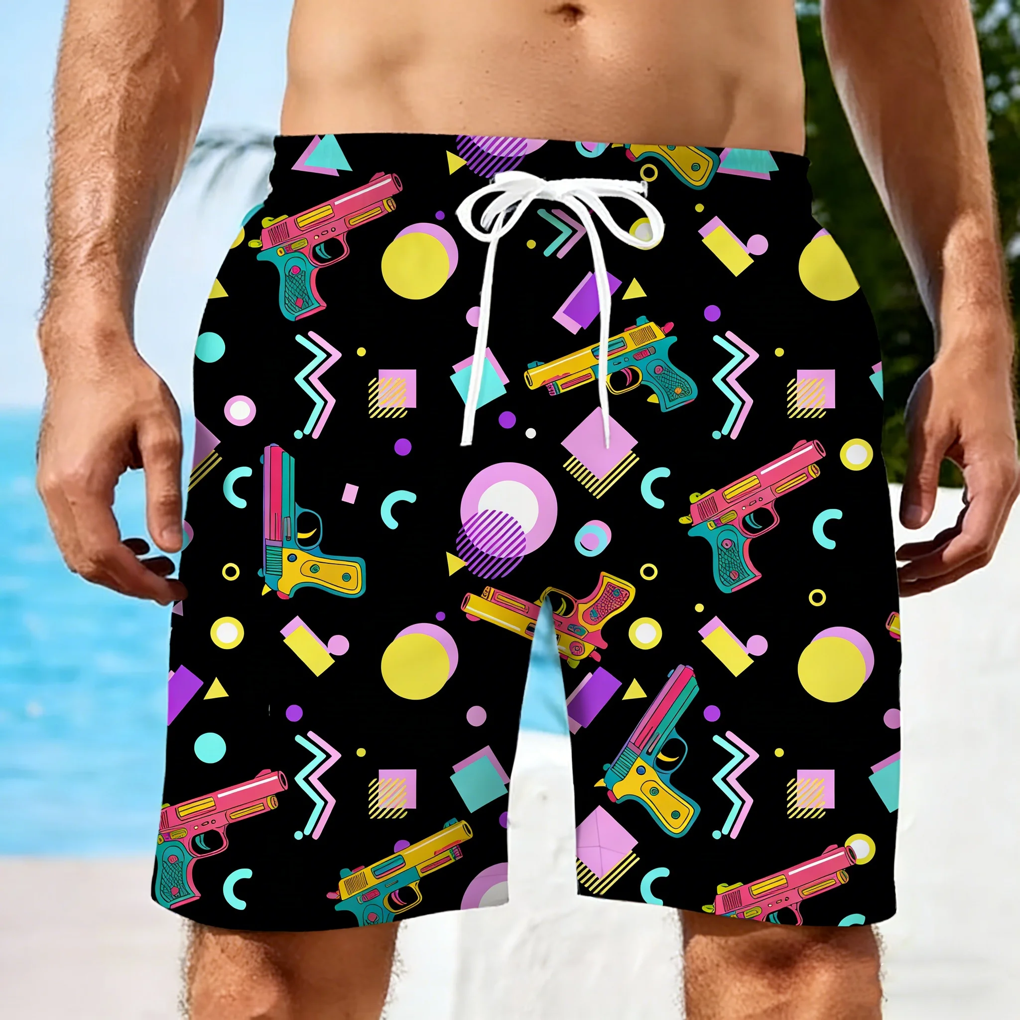 Men Summer Short Vintage 80s Music Art Hawaiian 3D Printed Shorts Men's Music Graphic Short Pants Breathable Swim Loose Shorts
