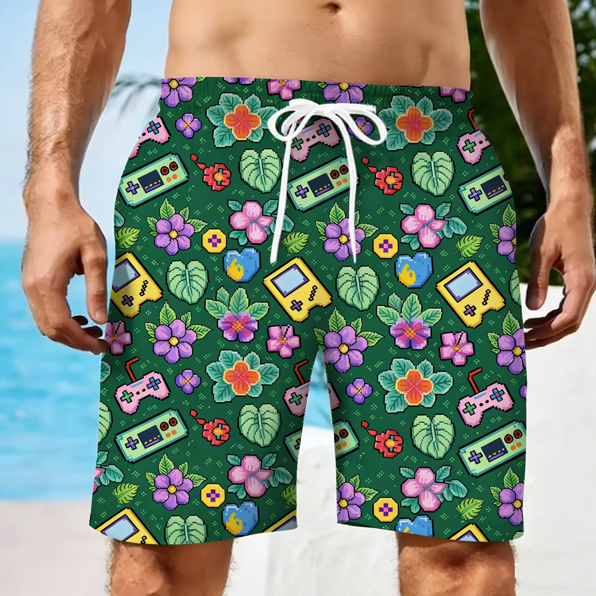 Men Summer Short Vintage 80s Music Art Hawaiian 3D Printed Shorts Men's Music Graphic Short Pants Breathable Swim Loose Shorts