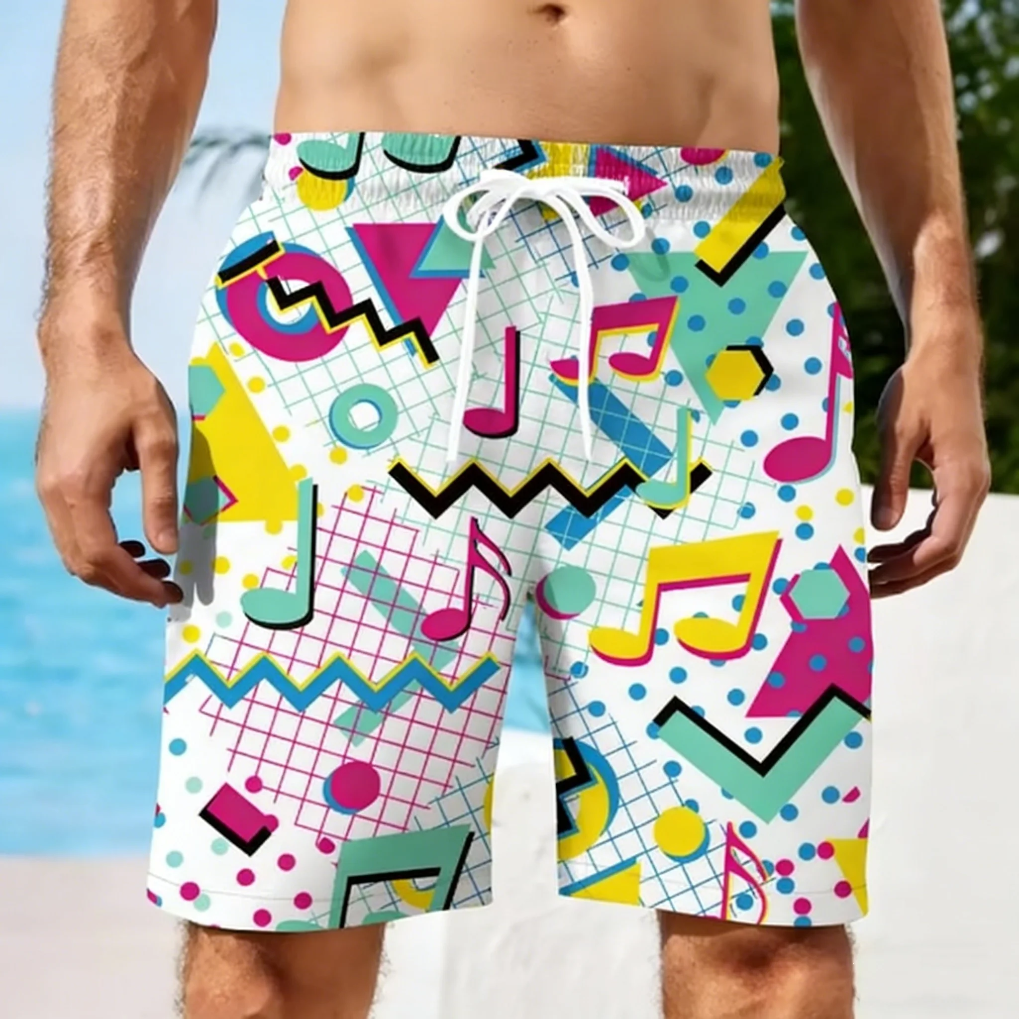 Men Summer Short Vintage 80s Music Art Hawaiian 3D Printed Shorts Men's Music Graphic Short Pants Breathable Swim Loose Shorts