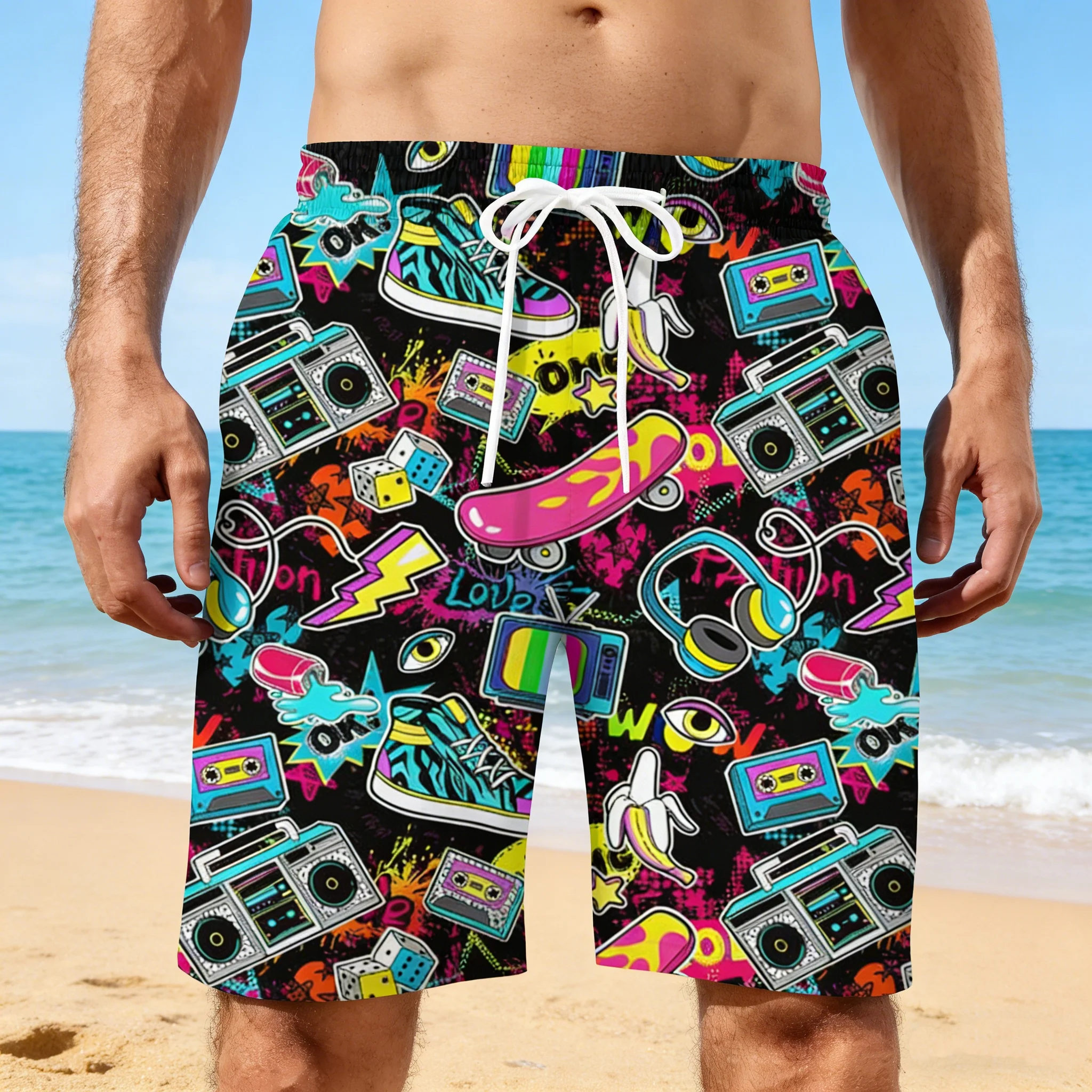 Men Summer Short Vintage 80s Music Art Hawaiian 3D Printed Shorts Men's Music Graphic Short Pants Breathable Swim Loose Shorts