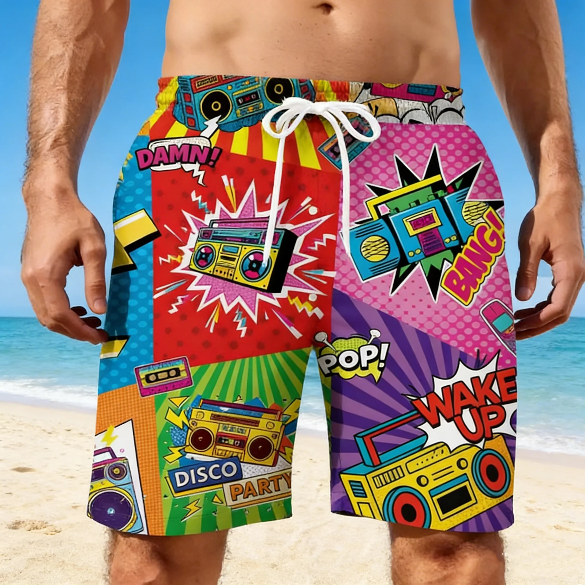 Men Summer Short Vintage 80s Music Art Hawaiian 3D Printed Shorts Men's Music Graphic Short Pants Breathable Swim Loose Shorts