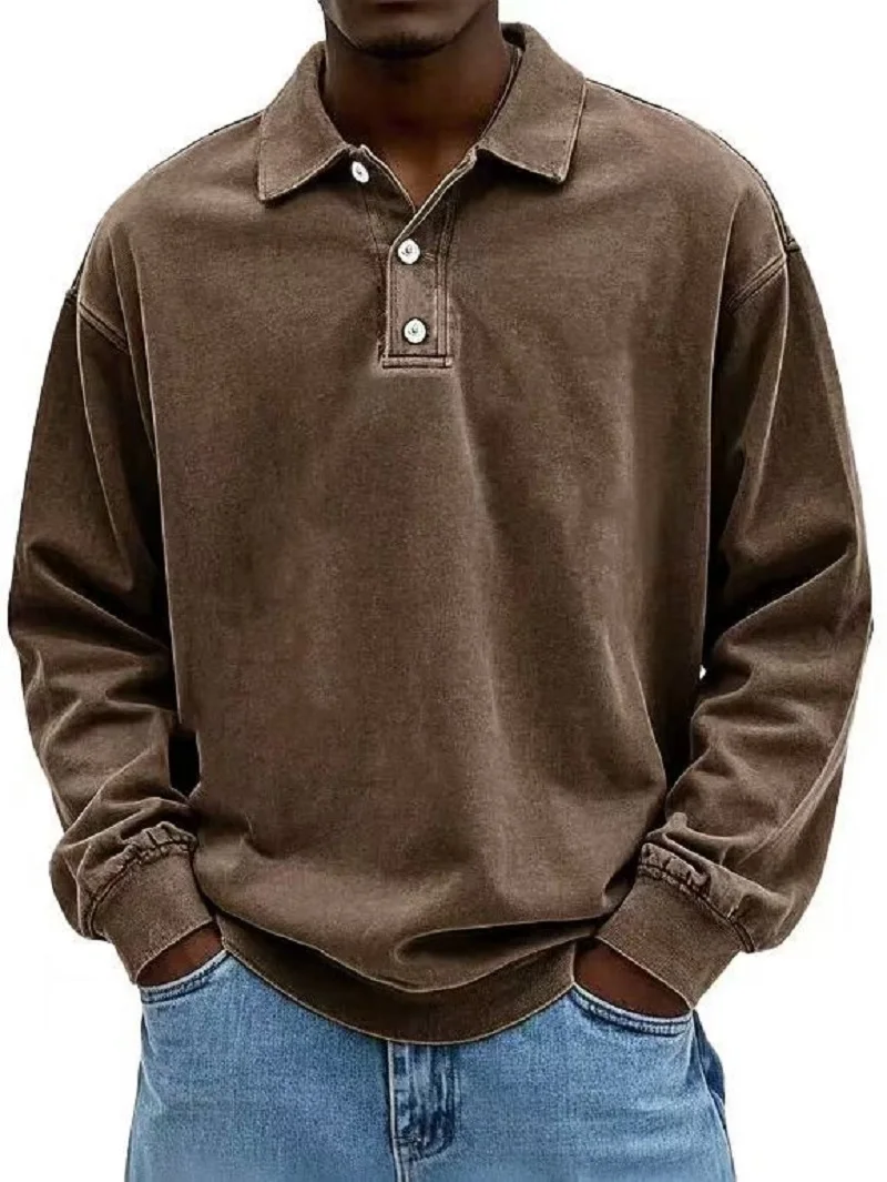 2026 New Men's Shirt Stand-alone Casual All-match Long Sleeve Button Lapel Shirt Polo Shirt