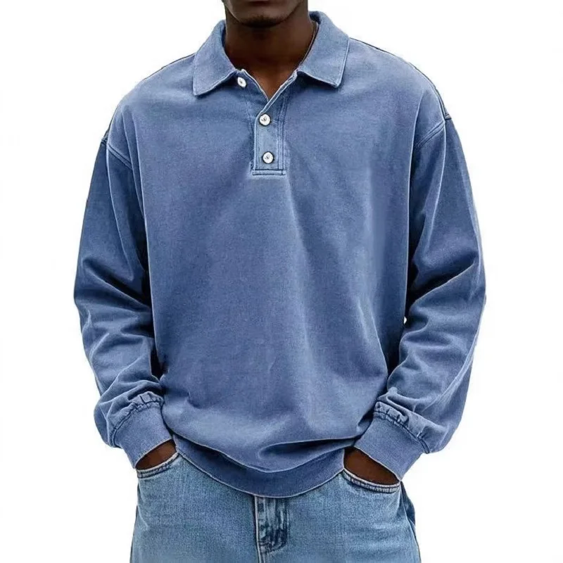 2026 New Men's Shirt Stand-alone Casual All-match Long Sleeve Button Lapel Shirt Polo Shirt