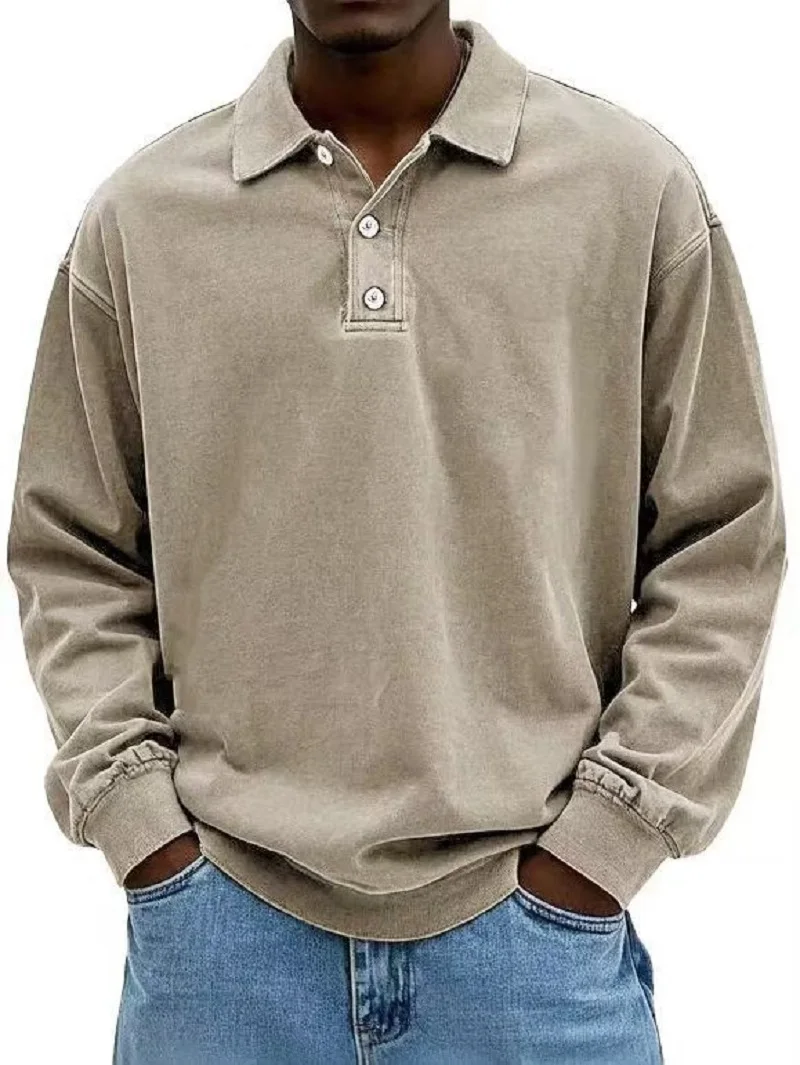2026 New Men's Shirt Stand-alone Casual All-match Long Sleeve Button Lapel Shirt Polo Shirt
