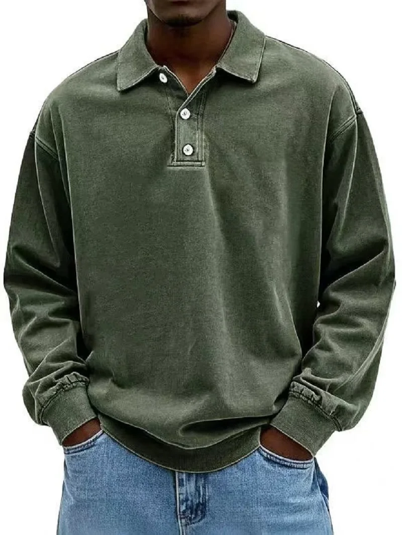 2026 New Men's Shirt Stand-alone Casual All-match Long Sleeve Button Lapel Shirt Polo Shirt