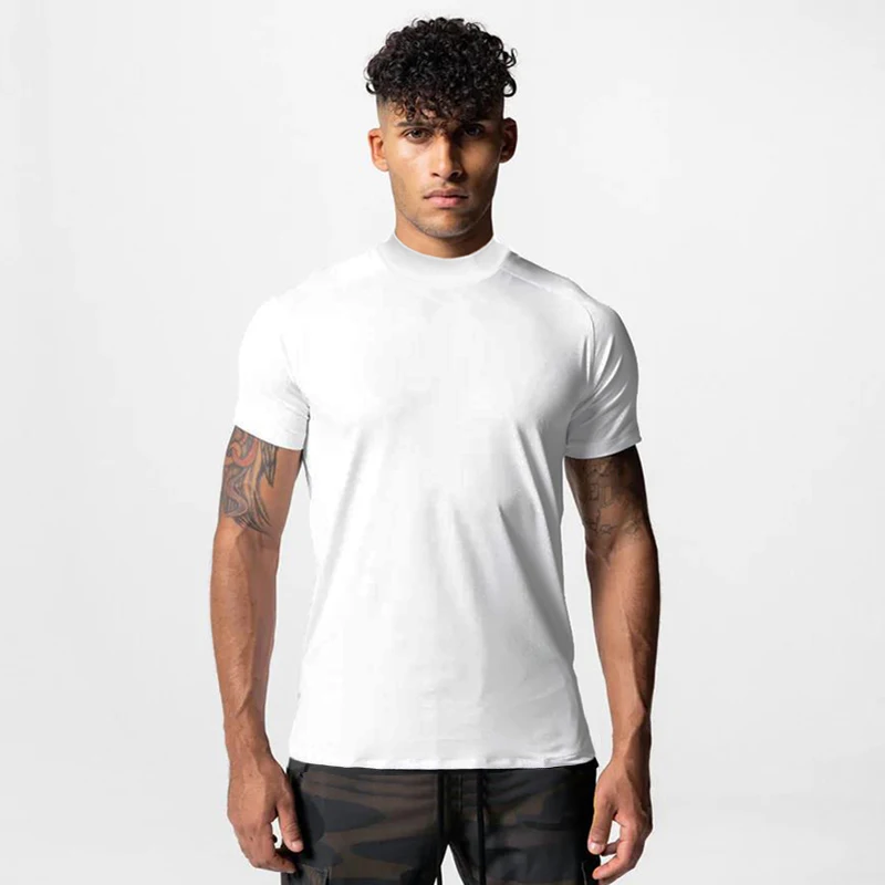 Turtleneck  Short Sleeve T-shirts Mens Summer Compression Shirts Elastic Quick Dry Sports Tees Tops Fitness Gym T Shirt