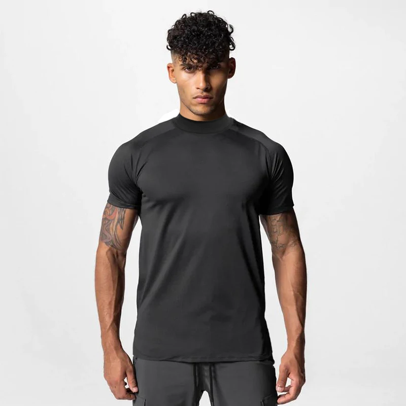 Turtleneck  Short Sleeve T-shirts Mens Summer Compression Shirts Elastic Quick Dry Sports Tees Tops Fitness Gym T Shirt