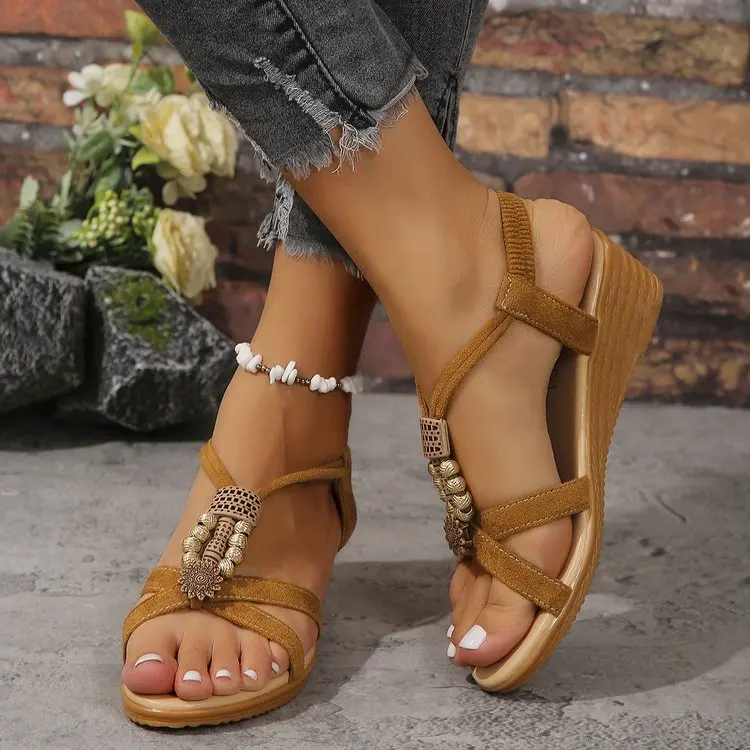 Women's Beaded Decor Wedge Sandals Open Toe Elastic Ankle Strap Comfortable Walking Shoes for Summer Beach Vacation Daily Wear