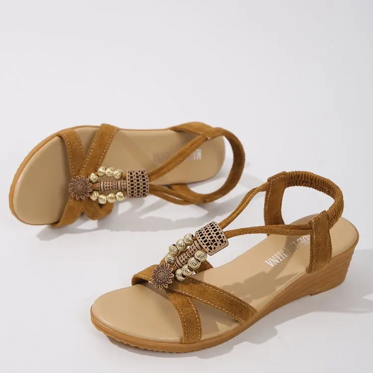 Women's Beaded Decor Wedge Sandals Open Toe Elastic Ankle Strap Comfortable Walking Shoes for Summer Beach Vacation Daily Wear