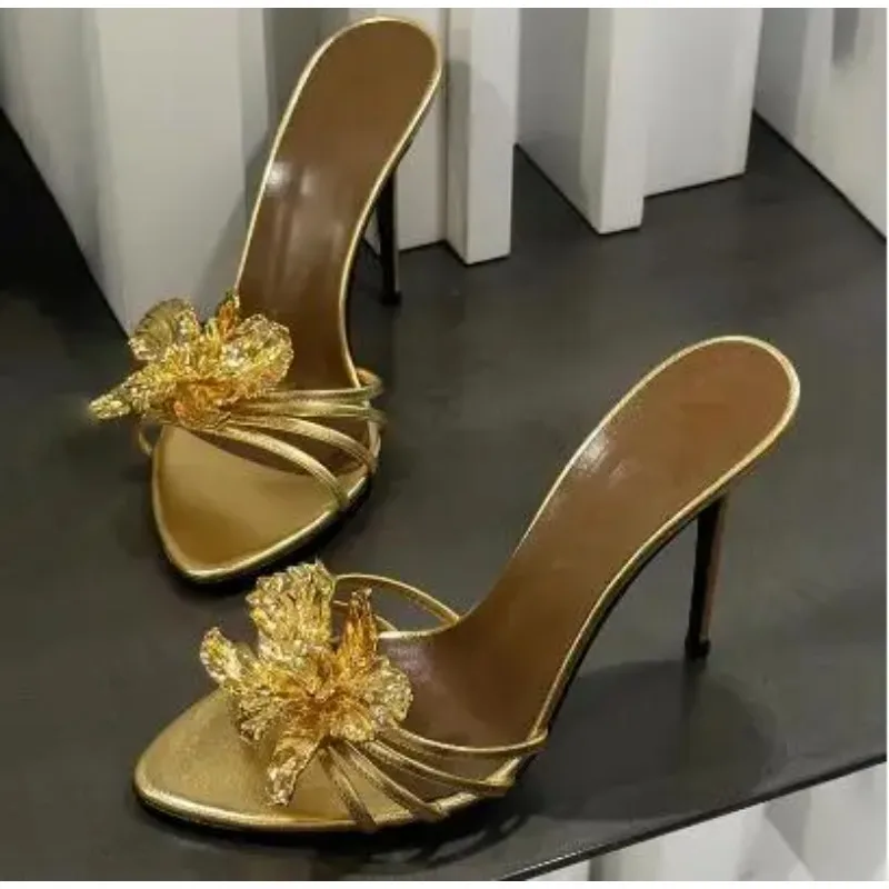 Women Black Gold Genuine Leather Gold Metal Flower Open Toe Shallow Slip on Stiletto Heel Slide Slippers Sandals