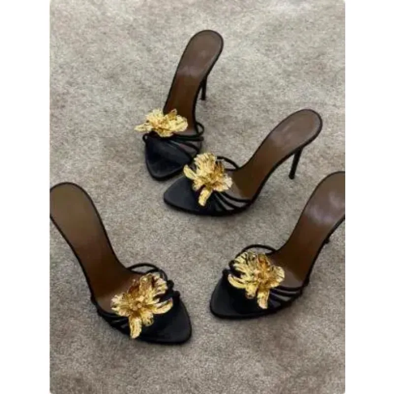 Women Black Gold Genuine Leather Gold Metal Flower Open Toe Shallow Slip on Stiletto Heel Slide Slippers Sandals